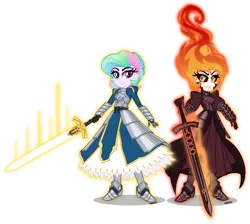 Size: 5000x4479 | Tagged: safe, artist:orin331, derpibooru import, daybreaker, princess celestia, equestria girls, absurd resolution, anime, armor, corrupted, duo, equestria girls-ified, excalibur, excalibur morgan, fate/grand order, fate/stay night, female, saber, saber alter, sword, weapon, young celestia