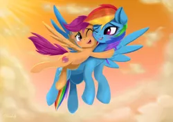 Size: 6000x4250 | Tagged: safe, artist:darksly, derpibooru import, rainbow dash, scootaloo, pegasus, pony, backwards cutie mark, blushing, cheek squish, cloud, crepuscular rays, crying, cute, cutealoo, duo, ear fluff, female, filly, floppy ears, flying, hug, lidded eyes, mare, one eye closed, scootaloo can fly, scootalove, sky, smiling, spread wings, squishy cheeks, tears of joy, wings, wink