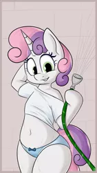 Size: 3240x5760 | Tagged: suggestive, artist:andelai, derpibooru import, sweetie belle, semi-anthro, unicorn, absurd resolution, adorasexy, belly button, blue underwear, clothes, cute, diasweetes, female, hoof hold, hose, looking at you, midriff, panties, ribbon, sexy, shirt, short shirt, smiling, solo, solo female, tight clothing, underwear, water, wet, wet clothes, wet t-shirt, wide hips