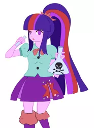 Size: 1489x2015 | Tagged: safe, artist:cold-mittens, derpibooru import, twilight sparkle, twilight sparkle (alicorn), alicorn, equestria girls, alternate hairstyle, bowtie, clothes, flask, leg warmers, pleated skirt, ponytail, skirt, skull and crossbones, solo