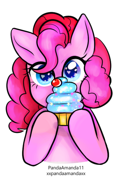 Size: 432x606 | Tagged: safe, artist:pandaamanda11, derpibooru import, pinkie pie, pony, bust, cupcake, cute, diapinkes, female, food, heart eyes, looking at you, mare, simple background, solo, starry eyes, transparent background, wingding eyes