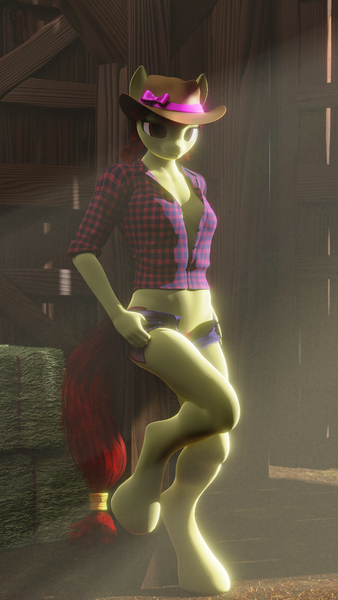 Size: 1620x2880 | Tagged: questionable, artist:stellarator, derpibooru import, apple bloom, anthro, earth pony, unguligrade anthro, 3d, barn, blender, bow, breasts, clothes, cowgirl outfit, crepuscular rays, cycles, daisy dukes, dramatic pose, female, hat, hay, hay bale, mare, midriff, not sfm, older, older apple bloom, pubic hair, shorts, slow motion, smiling, solo, unzipped, unzipping