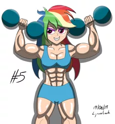 Size: 2900x3136 | Tagged: suggestive, artist:lyruzlavh, derpibooru import, rainbow dash, human, equestria girls, abs, armpits, biceps, breasts, cleavage, clothes, female, fetish, human coloration, midriff, muscle fetish, muscles, muscular female, rainbuff dash, shorts, smiling, solo, sports bra, workout, workout outfit