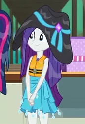 Size: 421x611 | Tagged: safe, derpibooru import, screencap, rarity, sci-twi, twilight sparkle, equestria girls, equestria girls series, the salty sails, clothes, cropped, cute, female, hat, lifejacket, raribetes, sarong, skirt, solo focus, wet