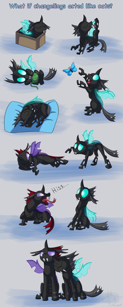 Size: 1000x2500 | Tagged: safe, artist:racingwolf, derpibooru import, pharynx, thorax, butterfly, changeling, behaving like a cat, brothers, cardboard box, catling, changeling in a box, cute, hissing, licking, male, siblings, sleeping, thorabetes, tongue out, yarn, yarn ball