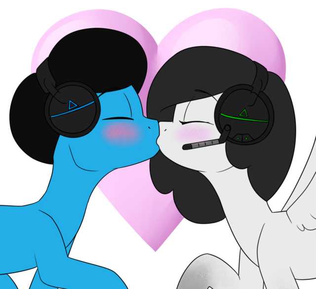Size: 640x585 | Tagged: safe, artist:victoreach, derpibooru import, oc, oc:creamcake, oc:tempo cider, unofficial characters only, pegasus, pony, unicorn, blushing, creamy cider, heart, kissing, ps4 headset, shipping, xbox one headset