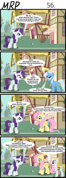 Size: 800x2153 | Tagged: safe, artist:umneem, derpibooru import, fluttershy, rarity, trixie, twilight sparkle, twilight sparkle (alicorn), oc, oc:dispersion, alicorn, pegasus, pony, unicorn, comic:my rational pony, comic, female, mare, ponyville, tumbleweed