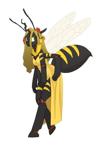 Size: 761x1050 | Tagged: anthro, anthro oc, artist:carnifex, bee, beeling, changeling, changeling queen, changeling queen oc, clothes, derpibooru import, dress, female, insect, multiple arms, oc, oc:deciduous, safe, simple background, slit eyes, slit pupils, solo, species swap, unguligrade anthro, unofficial characters only, white background, yellow changeling