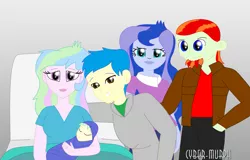 Size: 2441x1560 | Tagged: safe, artist:cyber-murph, derpibooru import, princess celestia, princess luna, oc, oc:argent radiance, oc:gemini blaze, oc:sunspot aurora, equestria girls, bed, commission, family, family photo, female, gradient background, hospital bed, hospital gown, hospital room, male, momlestia, mother and child, mother and son, newborn, principal celestia, smiling, swaddling, vice principal luna