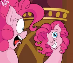 Size: 964x829 | Tagged: safe, artist:chrissie-boo, derpibooru import, pinkie pie, earth pony, pony, too many pinkie pies, clone, duality, firealpaca, g3 faic, pinkie blind, pinkie clone, scene interpretation