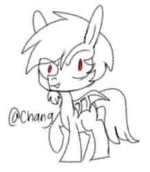 Size: 466x534 | Tagged: safe, artist:chang, derpibooru import, oc, oc:quick draw, pony, bat wings, black and white, chibi, facial hair, fangs, goatee, grayscale, lineart, long ears, male, monochrome, red eyes, simple background, solo, white background, wings