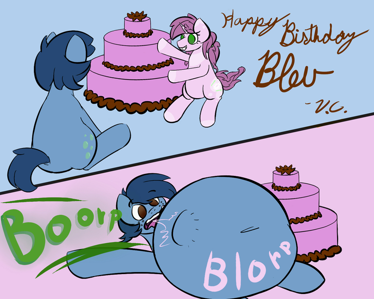 Size: 1500x1200 | Tagged: artist:voraciouscutie, belly, birthday, birthday cake, bleuberry, cake, derpibooru import, female, fetish, food, male, oc, oc:huckleberry bleu, oc:mulberry tart, oc x oc, questionable, shipping, stomach noise, straight, unofficial characters only, vore