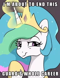 Size: 1000x1300 | Tagged: alicorn, artist:skitter, caption, cropped, crown, derpibooru import, edit, female, glowing horn, hoof shoes, horn, image macro, jewelry, lidded eyes, looking at you, meme, princess celestia, regalia, safe, smiling, smirk, solo, text, trollestia