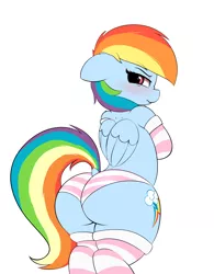 Size: 2500x3200 | Tagged: suggestive, artist:heavymetalbronyyeah, derpibooru import, rainbow dash, pegasus, pony, semi-anthro, adorasexy, bipedal, blushing, butt, clothes, cute, dock, female, floppy ears, human shoulders, looking at you, looking back, looking back at you, mare, panties, plot, rainbutt dash, sexy, simple background, socks, solo, solo female, striped socks, striped underwear, stupid sexy rainbow dash, the ass was fat, thigh highs, tsunderainbow, tsundere, underwear, white background