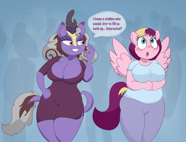 Size: 5197x3963 | Tagged: anthro, artist:comfyplum, belly, big breasts, blushing, breasts, chubby, cleavage, clothes, crowd, derpibooru import, dialogue, duo focus, erect nipples, evening dress, fat, gradient background, kirin, nipple outline, :o, oc, oc:comfy plum, oc:passionate evening, open mouth, pegasus, smiling, smug, spread wings, suggestive, unofficial characters only, wingboner, wings