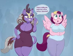 Size: 5197x3963 | Tagged: anthro, artist:comfyplum, belly, big breasts, blushing, breasts, chubby, cleavage, clothes, crowd, derpibooru import, dialogue, duo focus, erect nipples, evening dress, fat, gradient background, kirin, nipple outline, :o, oc, oc:comfy plum, oc:passionate evening, open mouth, pegasus, smiling, smug, spread wings, suggestive, unofficial characters only, wingboner, wings