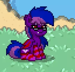 Size: 257x247 | Tagged: safe, artist:sevenxninja, derpibooru import, oc, oc:lavender twirl, unofficial characters only, bat pony, pony, pony town, bat pony oc, bat wings, clothes, dirt, glasses, grass, socks, solo, striped socks, water, wings