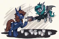 Size: 1098x728 | Tagged: safe, artist:lonerdemiurge_nail, derpibooru import, oc, oc:nail, oc:warly, unofficial characters only, bat pony, pony, clothes, coffee, coffee mug, hoodie, male, mug, stallion