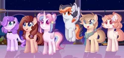 Size: 1280x604 | Tagged: safe, artist:moon-rose-rosie, derpibooru import, oc, oc:celestial moon, oc:chocolate sprinkles, oc:crystal, oc:daniel, oc:magnolia, oc:shining ray, unofficial characters only, dracony, dragon, hybrid, pegasus, pony, unicorn, base used, female, interspecies offspring, magical lesbian spawn, male, mare, movie accurate, offspring, parent:applejack, parent:bulk biceps, parent:caramel, parent:cheese sandwich, parent:fluttershy, parent:pinkie pie, parent:rainbow dash, parent:rarity, parent:soarin', parent:spike, parent:spitfire, parent:twilight sparkle, parents:carajack, parents:cheesepie, parents:flutterbulk, parents:soarinfire, parents:sparity, parents:twidash, stallion