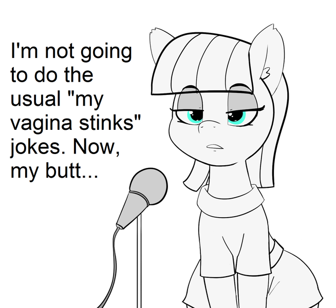 Size: 1500x1376 | Tagged: suggestive, artist:pabbley, derpibooru import, edit, maud pie, earth pony, pony, female, implied vagina, mare, maud the comedian, microphone, monochrome, neo noir, open mouth, partial color, solo, stand-up comedy, text