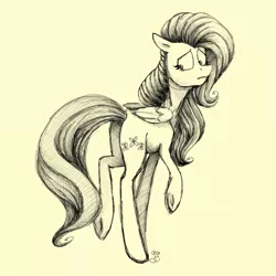 Size: 1280x1280 | Tagged: safe, artist:thegirlwithgoldenhairdrawstoo, derpibooru import, fluttershy, pegasus, pony, female, floppy ears, frown, head turn, looking back, mare, monochrome, simple background, sketch, solo