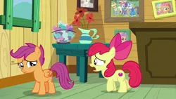 Size: 1920x1080 | Tagged: apple bloom, applejack, babs seed, candy, clubhouse, crusaders clubhouse, crying, derpibooru import, featherweight, female, flower, food, picture frame, podium, rainbow dash, rarity, sad, safe, scootaloo, screencap, table, tender taps, the cart before the ponies, the last crusade, vase