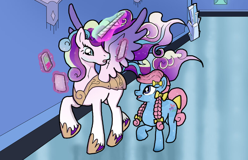 Size: 2550x1650 | Tagged: safe, artist:bico-kun, derpibooru import, bowtie (g1), bowtie (g3), princess cadance, shining armor, alicorn, crystal pony, pony, alicornified, ambiguous gender, crystal empire, ear fluff, ethereal mane, fusion, future, intersex, levitation, magic, prince shining armor, race swap, tablet, telekinesis, ultimate cadance