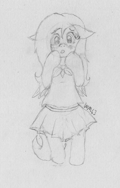 Size: 713x1121 | Tagged: safe, artist:wapamario63, derpibooru import, fluttershy, pony, bipedal, blushing, clothes, cute, female, mare, monochrome, pleated skirt, school uniform, shyabetes, sketch, skirt, solo, traditional art