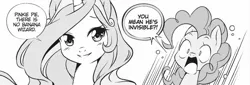 Size: 1810x616 | Tagged: safe, artist:nekoshiei, derpibooru import, official, seven seas, pinkie pie, princess celestia, alicorn, earth pony, pony, my little pony: the manga, my little pony: the manga volume 1, spoiler:manga, spoiler:manga1, cropped, manga, monochrome, surprised, wide eyes