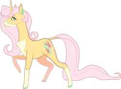 Size: 1280x941 | Tagged: safe, artist:sleepy--demon, derpibooru import, part of a set, fluttershy, pony, unicorn, leak, spoiler:g5, chest fluff, coat markings, colored ears, curved horn, dock, eyebrows visible through hair, female, fluttershy (g5), g5, horn, looking at you, mare, raised hoof, redesign, simple background, smiling, socks (coat marking), solo, transparent background, unicorn fluttershy