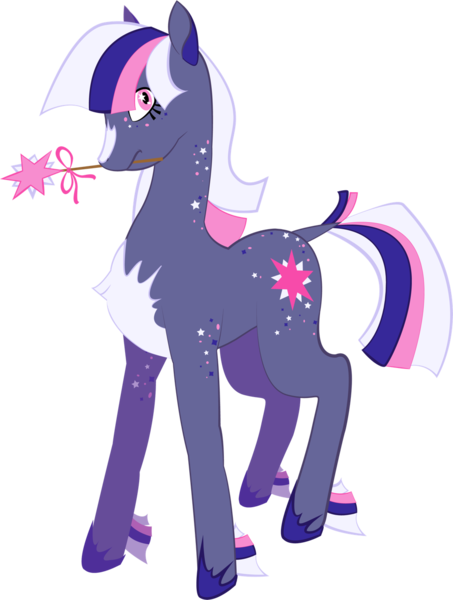 Size: 967x1280 | Tagged: safe, artist:sleepy--demon, derpibooru import, part of a set, twilight sparkle, earth pony, pony, leak, spoiler:g5, beauty mark, chest fluff, coat markings, dock, earth pony twilight, female, g5, hoof shoes, looking at you, mare, mouth hold, redesign, simple background, solo, transparent background, twilight sparkle (g5), unshorn fetlocks, wand