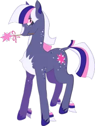 Size: 967x1280 | Tagged: safe, artist:sleepy--demon, derpibooru import, part of a set, twilight sparkle, earth pony, pony, leak, spoiler:g5, beauty mark, chest fluff, coat markings, dock, earth pony twilight, female, g5, hoof shoes, looking at you, mare, mouth hold, redesign, simple background, solo, transparent background, twilight sparkle (g5), unshorn fetlocks, wand