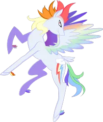 Size: 1074x1280 | Tagged: safe, artist:sleepy--demon, derpibooru import, part of a set, rainbow dash, pegasus, pony, leak, spoiler:g5, bird tail, colored wings, female, flying, g5, grin, looking at you, mare, mohawk, rainbow dash (g5), raised hoof, redesign, simple background, smiling, solo, spread wings, tail feathers, transparent background, unshorn fetlocks, wings