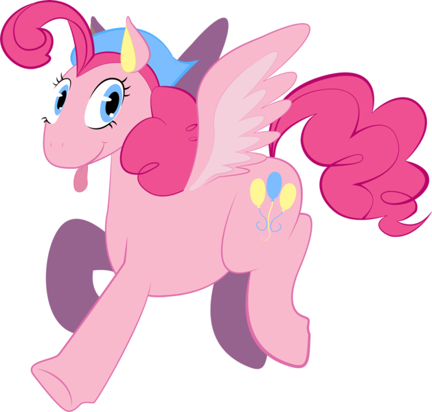 Size: 1280x1221 | Tagged: safe, artist:sleepy--demon, derpibooru import, part of a set, pinkie pie, pegasus, pony, leak, spoiler:g5, bandana, colored ears, female, flying, g5, looking at you, mare, pegasus pinkie pie, pinkie pie (g5), race swap, raised hoof, redesign, simple background, solo, spread wings, tongue out, transparent background, wings