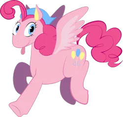 Size: 1280x1221 | Tagged: safe, artist:sleepy--demon, derpibooru import, part of a set, pinkie pie, pegasus, pony, leak, spoiler:g5, bandana, colored ears, female, flying, g5, looking at you, mare, pegasus pinkie pie, pinkie pie (g5), race swap, raised hoof, redesign, simple background, solo, spread wings, tongue out, transparent background, wings