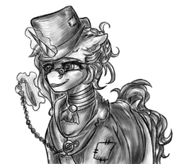 Size: 849x789 | Tagged: safe, alternate version, artist:raychelrage, derpibooru import, oc, unofficial characters only, pony, unicorn, fallout equestria, choker, clothes, craft, engraving, eyeglasses, female, hat, jewelry, mare, patch, pince-nez, pocket watch, raider, solo, suit