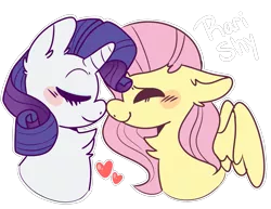 Size: 1017x786 | Tagged: safe, artist:skeleshibe, derpibooru import, fluttershy, rarity, pegasus, pony, unicorn, blushing, bust, chest fluff, cute, ear fluff, eyes closed, female, flarity, floppy ears, gift art, heart, lesbian, mare, nuzzling, shipping, simple background, smiling, transparent background