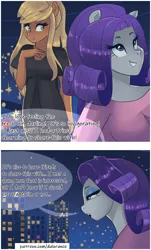 Size: 3040x5040 | Tagged: safe, artist:xjenn9, derpibooru import, applejack, rarity, anthro, comic:best friends, adorasexy, cute, female, jackabetes, lesbian, missing horn, ponytail, raribetes, rarijack, sexy, shipping