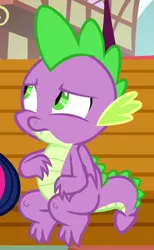 Size: 304x493 | Tagged: alicorn, claws, cropped, derpibooru import, dragon, male, offscreen character, safe, screencap, sitting, solo focus, spike, spread toes, tail, toes, twilight sparkle, twilight sparkle (alicorn), winged spike, wings, yakity-sax