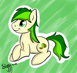 Size: 1968x1875 | Tagged: safe, artist:siggyderp, derpibooru import, oc, oc:rangerpone, unofficial characters only, earth pony, pony, food, fruit, kiwi fruit, lying, male, signature, solo, stallion