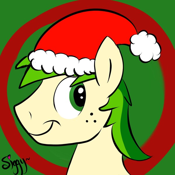 Size: 2239x2240 | Tagged: safe, artist:siggyderp, derpibooru import, oc, oc:rangerpone, unofficial characters only, earth pony, pony, bust, christmas, hat, holiday, male, profile, santa hat, signature, solo, stallion