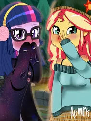Size: 1800x2400 | Tagged: safe, artist:artmlpk, derpibooru import, sci-twi, sunset shimmer, twilight sparkle, equestria girls, alternate hairstyle, beanie, blushing, campfire, clothes, coat, cold, cute, duo, earmuffs, female, galaxy, hat, oversized clothes, oversized shirt, peace sign, red nosed, shimmerbetes, shirt, shoulders, snow, twiabetes, winter, winter outfit