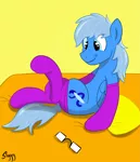 Size: 3237x3750 | Tagged: safe, artist:siggyderp, derpibooru import, oc, oc:blue brush, unofficial characters only, pegasus, pony, bed, clothes, glasses, male, pillow, signature, socks, solo, stallion