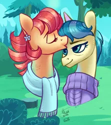 Size: 1600x1800 | Tagged: safe, artist:eeviart, derpibooru import, aunt holiday, auntie lofty, pony, the last crusade, bust, clothes, eyes closed, female, kissing, lesbian, lofty day, mare, scarf, shipping