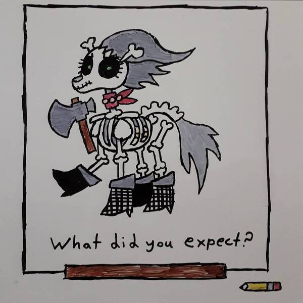 Size: 894x894 | Tagged: safe, artist:eternaljonathan, derpibooru import, skellinore, pony, skeleton pony, the break up breakdown, axe, bone, hayprego, pencil, satire, skeleton, traditional art, weapon, white board