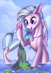 Size: 1500x2122 | Tagged: artist:vincher, cloud, commission, cute, derpibooru import, diastreamies, female, giantess, giant seapony, gigastream, jewelry, macro, mount aris, necklace, ocean, safe, seapony (g4), seapony silverstream, silverstream, solo, waving