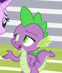 Size: 468x550 | Tagged: a matter of principals, claws, cropped, derpibooru import, dragon, duo, male, offscreen character, safe, screencap, solo focus, spike, starlight glimmer, winged spike