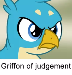 Size: 900x938 | Tagged: safe, artist:badumsquish, derpibooru import, gallus, gryphon, angry, bust, crow of judgement, death stare, frown, glare, male, meme, ponified animal photo, ponified meme, portrait, reaction image, show accurate, solo, unamused