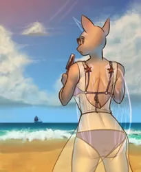 Size: 2000x2438 | Tagged: anthro, artist:klooda, beach, bikini, breasts, clothes, cloud, commission, derpibooru import, detailed, detailed background, dress, eating, female, food, ice cream, mare, ocean, sand, see-through, solo, suggestive, summer, sunglasses, swimsuit, ych example, your character here