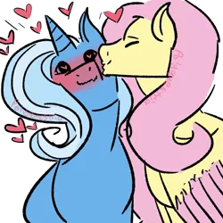 Size: 709x709 | Tagged: safe, artist:lieutenantcactus, artist:polyquestria, derpibooru import, fluttershy, trixie, pegasus, pony, unicorn, blushing, blushing profusely, cute, female, heart, kissing, lesbian, mare, shipping, trixieshy, wavy mouth, wingding eyes